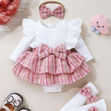3 Peças Conjunto Vestido Bodysuit com Babados ,Faixa de Cabeça e Meias