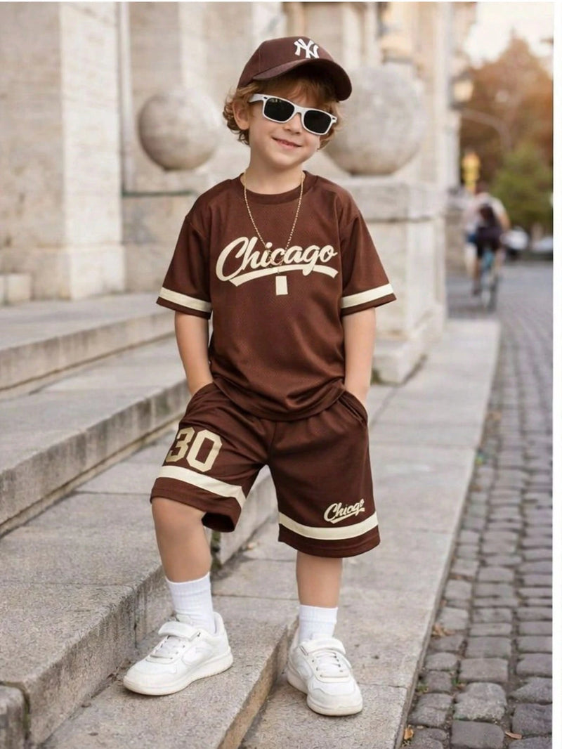 Conjunto Infantil Masculino Camisa e Bermuda Dry Fit Marrom