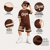 Conjunto Infantil Masculino Camisa e Bermuda Dry Fit Marrom